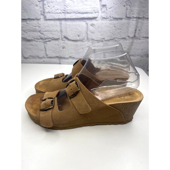 Yokono Wedge Slide Sandals Slide On Leather Beige Tan Ladies size 8 Adjustable - Picture 4 of 14